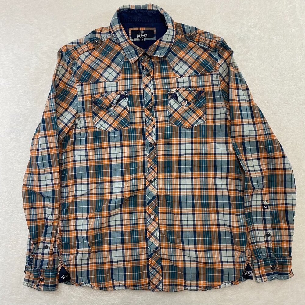 Buffalo David Bitton Mens Plaid Pearl Snap Shoulder Strap Orange Blue Shirt Sz M